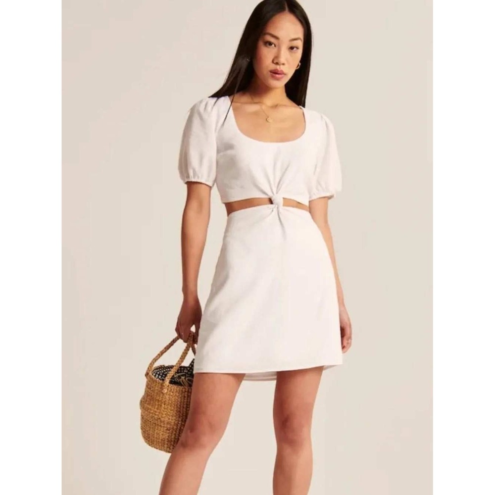 Abercrombie & Fitch Cutout Mini Dress Women Size SP White Linen Puff Sleeve